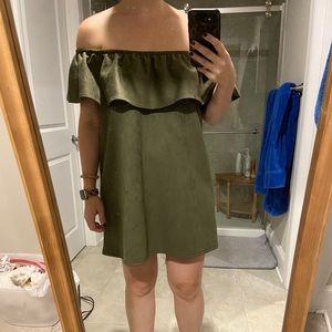 Olive Suede off the shoulder ruffle dress